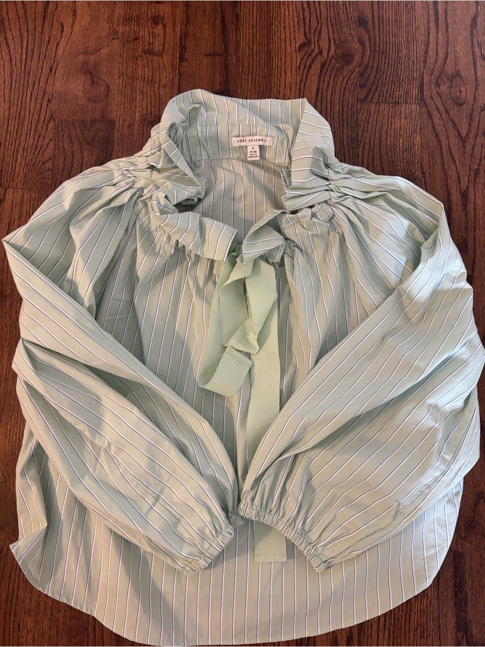Ruffle Tie-Neck Blouse in Light Mint Stripe